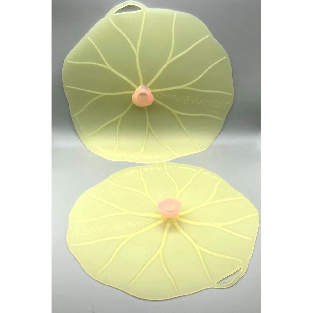 Set Of 2 Charles Viancin Silicone Airtight Lids 12" & 10" Round Yellow Lily Pads
